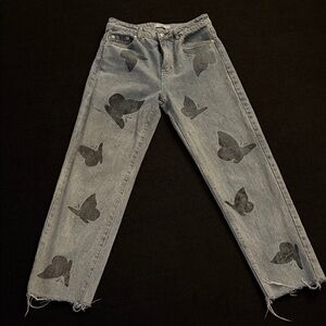 Adika Gray Butterfly Print Women's Straight Leg Jeans